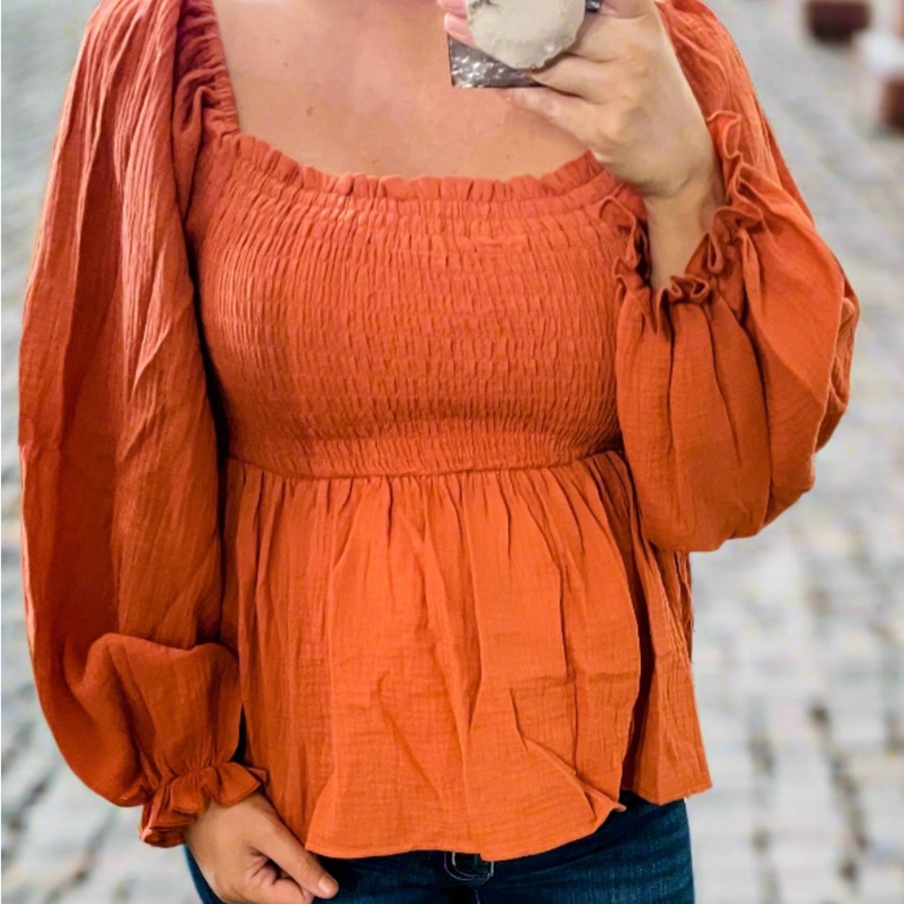 Orange Smocked Puff Sleeve Peplum Blouse